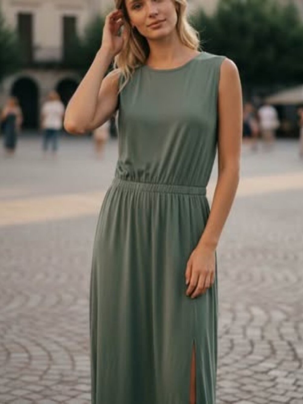 Sage Green Sleeveless Maxi Dress — Side Slit